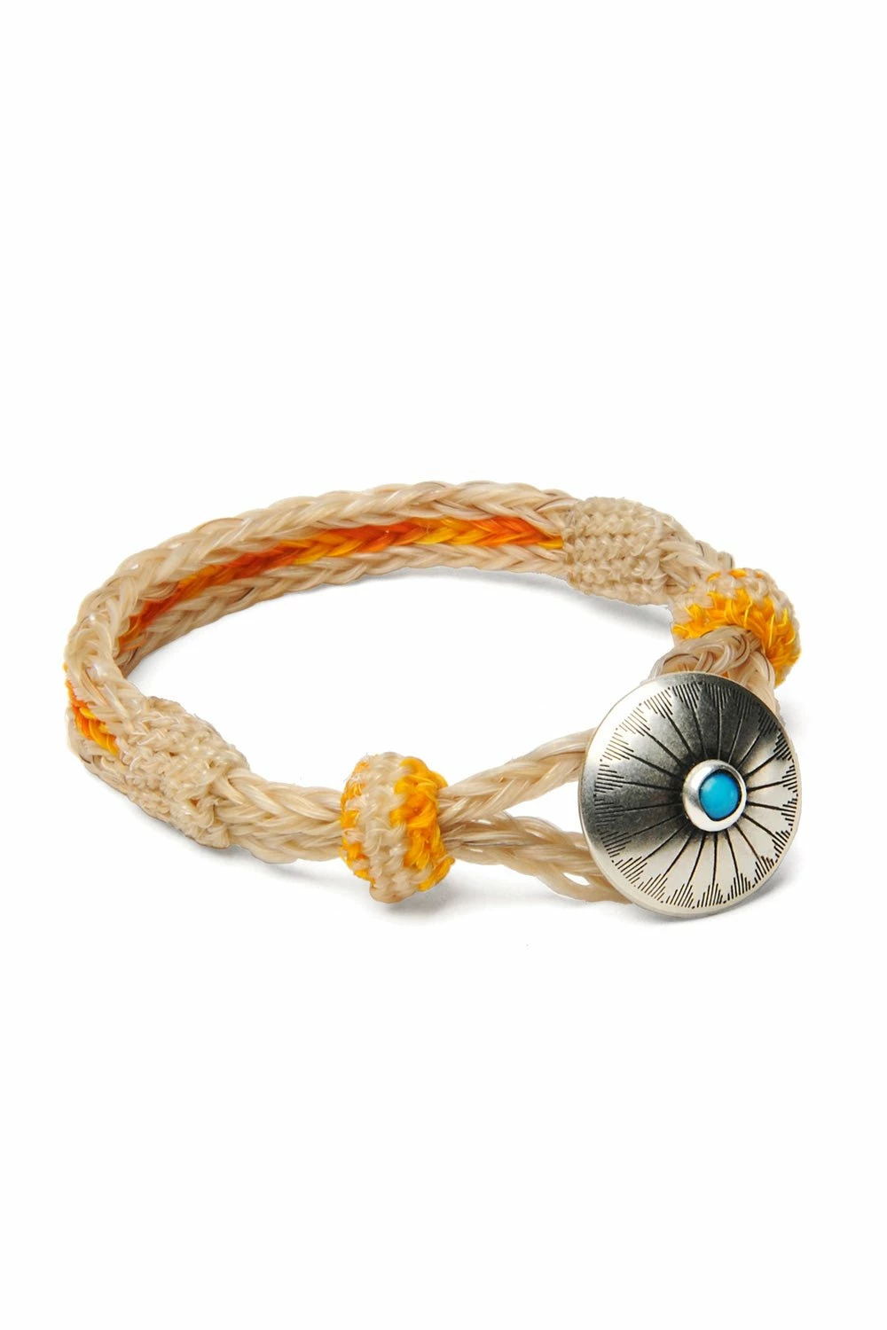 Chamula Turquoise Concho Bracelet | Hand-woven Horsehair | Orange/Yellow 1 Chamula Turquoise Concho Bracelet | Hand-woven Horsehair | Orange/Yellow